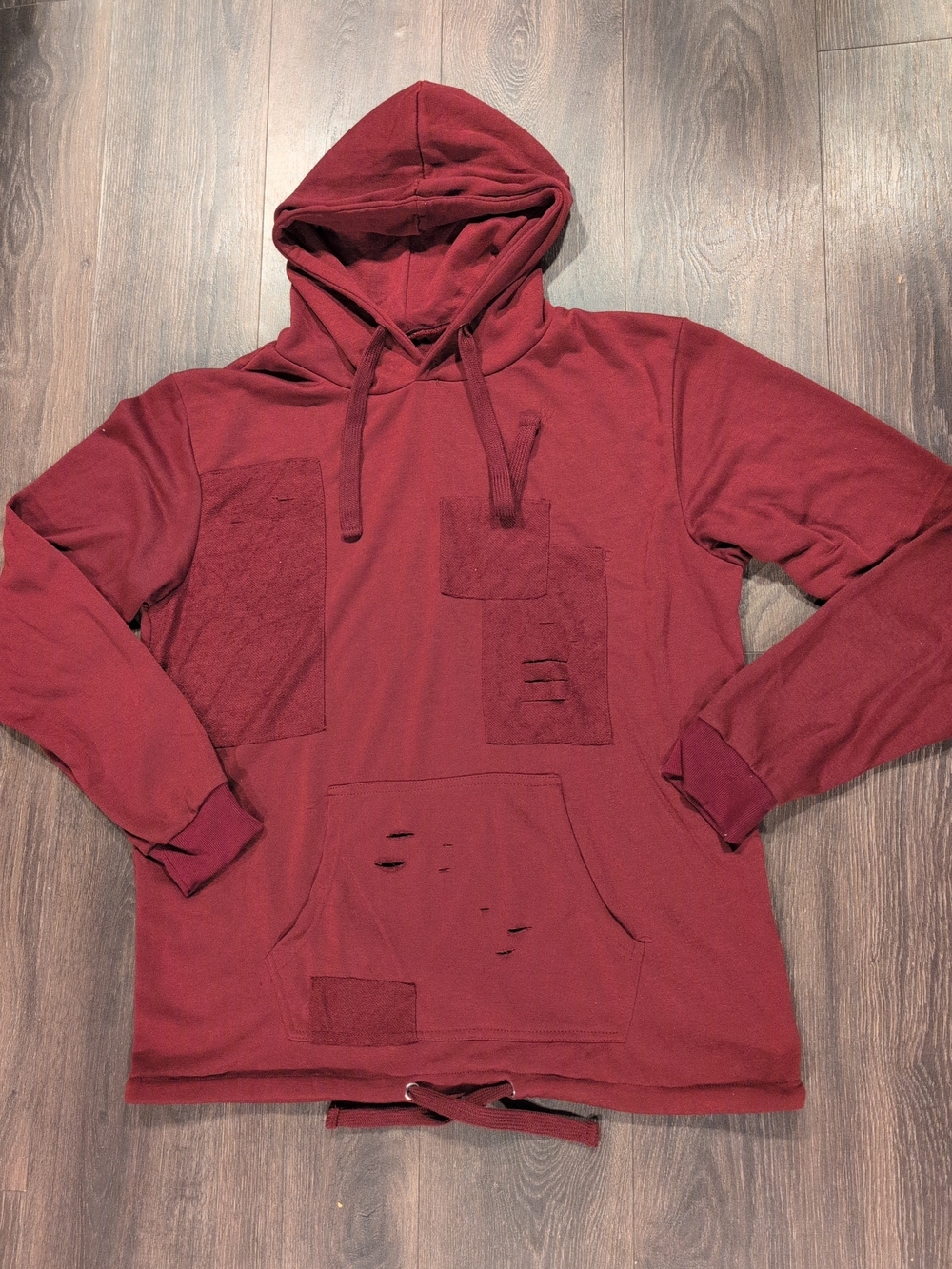 Men's Distressed Drawstring Hoodie - Wine